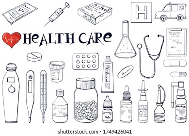 Outliner Medizin Set mit handgezeichneten Elementen. Vektorgrafik
