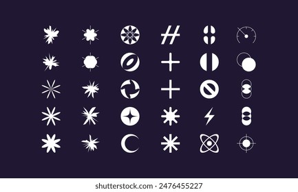 Outlines Abstract Geometric Vector universal Shapes Y2K style modern design, brutalist Icons, basic figures in retro futuristic assets, symbols and objects for logo, posters, banners, stickers