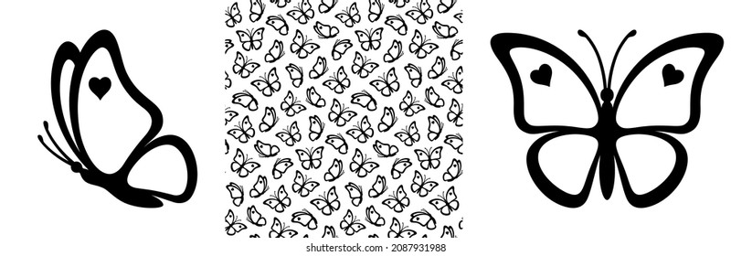 Outlines of butterflies with hearts and seamless pattern isolated on a white background. Outlines of butterflies are great for print gift paper, wedding greeting cards and textile