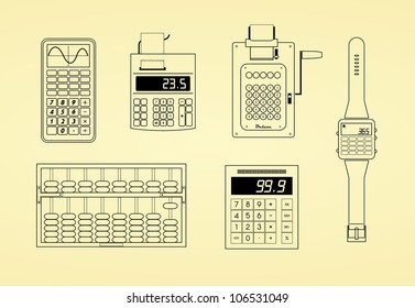 Outlines of calculators, watch, abacus and adding machine