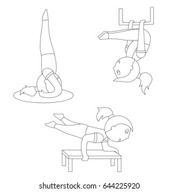 The outlines of a cartoon girl in different yoga poses are simple and airy, and also gymnastic exercises