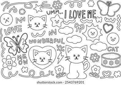 Esquemas de gato, mariposa, pastel, cinta rosa, flores, sol, estrella, garabatos para niños, libro para colorear, arte, pintura, animal, mascota, lindo parche, dibujos animados de gatitos, personajes, impresión floral, primavera, verano