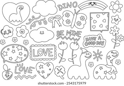 Outlines of christmas and New Year festive illustrations with dinosaur, text bubbles, red scarf, heart, cloud, flower for winter decoration, cartoon character, comic, stickers, kid colouring book, art