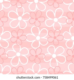 Outlines of cute flowers on striped background. Floral seamless pattern drawn by hand with brush. Sketch, doodle. Girly vector illustration.