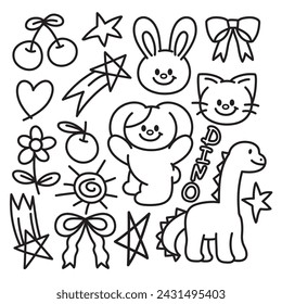 Outlines of dinosaur, puppy, cat, rabbit, cherry, flower, heart, star, ribbon for cartoon character, comic, mascot, brand logo, icon, animal sticker, tattoo, animals, grocery shopping, picnic, summer