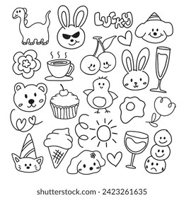 Outlines of dinosaur, rabbit, bear, cupcake, cherry, flowers, coffee, fried egg, ice cream cone for colouring book, black and white sticker, fabric print, decorations, tattoo, clip arts, kids drawing