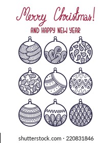outlines doodle Christmas card. Vector greeting Christmas card with collection of cute Christmas balls