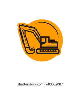 outlines of excavator within a circle, icon design, isolated on white background