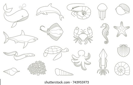 The outlines of fish and other sea creatures