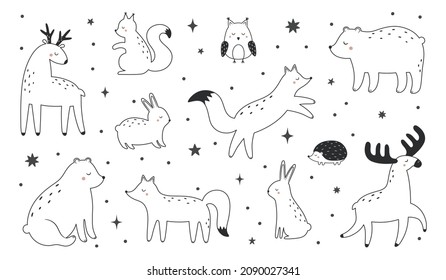 Outlines of forest animals. A set with cute characters. Deer, squirrel, owl, bear, fox, elk, hare. Vector illustration