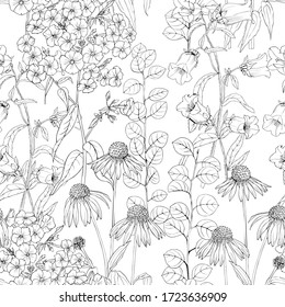 Outlines of garden flowers on a white background. Seamless pattern with floral pattern.