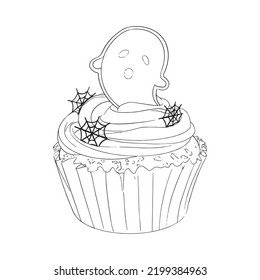 Outlines Halloween cupcakes decorated with gingerbread cookies: little ghosts and chocolate: cobwebs. Hand drawn black and white line art doodle. Happy Halloween concept. Vector illustration