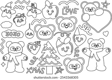 Outlines of happy panda with winter scarf, Christmas tree, heart, apple, star for kid colouring book, art, painting, cartoon character, comic, mascot, festive winter decoration, animal, zoo, souvenir