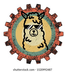 The outlines of the head of a llama in glasses on the background of a multi-colored gear with tektsura