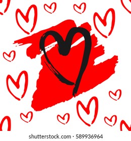The outlines of hearts, rough brush strokes. Seamless pattern. Grunge. Black, red, white.