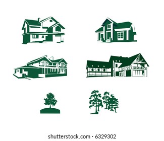 Outlines of houses and trees in a vector