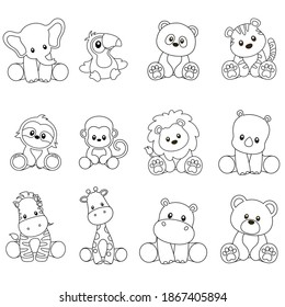 Outlines of Jungle Animals Sitting Vector Set on White