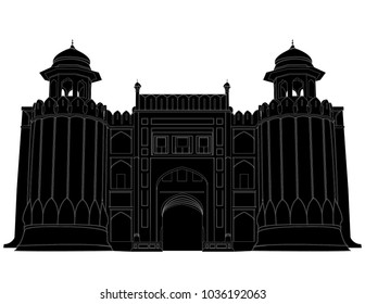 Outlines of Lahore Fort , Lahore , Punjab ,Pakistan in white background.