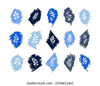 Outlines of leaves, twigs, herbs on backgrounds made of marker strokes in shades of blue. Organic, natural, eco symbols. Trendy sketchy decorative element collection