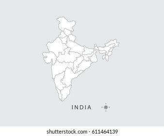 Outlines map of India on gray background.
