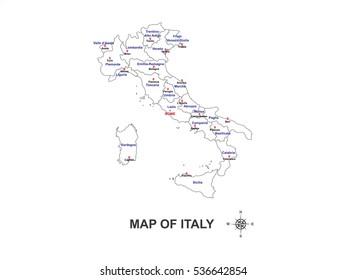 Outlines map of Italy with names on white background