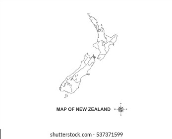 Outlines map of New Zealand on white background