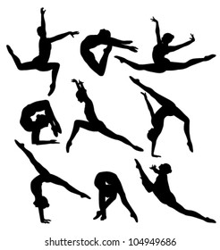 outlines nine female gymnasts figures on a white background