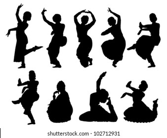 outlines nine Indian women dancing on a white background