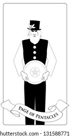 Outlines Page or knave of pentacles with top hat holding a golden shield. Minor arcana Tarot cards. Spanish playing cards coloring. 