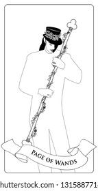 Outlines Page or knave of Wands with top hat, holding a rod surrounded by a garland of leaves and flowers. Minor arcana Tarot cards. Spanish playing cards coloring.