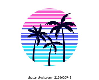 Las palmeras y el sol retro de los años 80 están aislados en un fondo blanco. Banner tropical con palmeras para carteles publicitarios impresos y afiches. Ilustración del vector