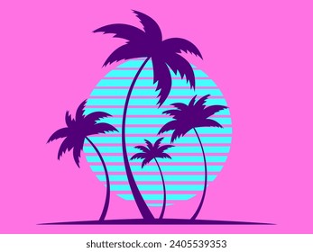 Outlines of palm trees at sunset in the style of the 80s. Palm trees and blue sun on a pink background. Print design for advertising banners and posters. Vector illustration