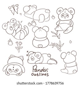 Outlines of pandas on a white background. Vector graphics.