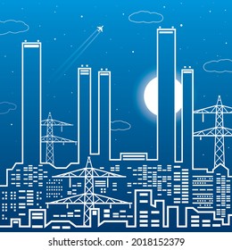 Outlines Power plant, energy industry illustration, urban night scene. Factory infrastructure. Vector design art