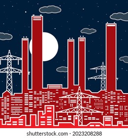 Outlines Power plant, energy industry illustration, urban night scene. Factory infrastructure. Vector design art