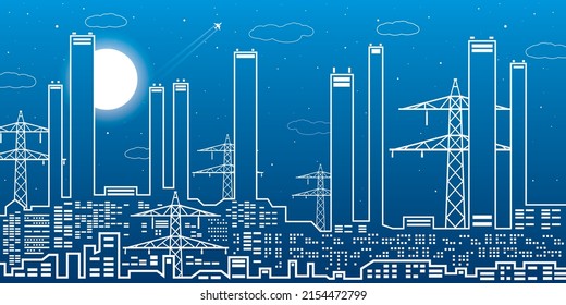 Outlines Power plant, energy industry illustration, urban night scene. Factory infrastructure. Vector design art