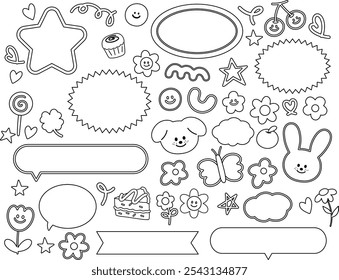 Outlines of puppy, bunny, cake, butterfly, cupcake, flower, heart for name tag, text bubble, cartoon character, comic, text, message, dialogue, chatting, sticker, animals, kid colouring book, painting