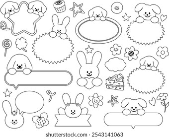 Outlines of puppy, bunny, cake, butterfly, cupcake, flower, heart for name tag, text bubble, cartoon character, comic, text, message, dialogue, sticker, vet, animals, kid colouring book, art, painting