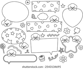 Outlines of puppy, butterfly, flower, cake, clover leaf for name tag, text bubble, cartoon character, comic, text, message, dialogue, chatting, sticker, pet, animals, kid colouring book, painting, art