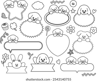 Outlines of puppy, cupcake, flower, heart, clover leaf for name tag, text bubble, cartoon character, comic, text, message, dialogue, sticker, pet shop, vet, animals, kid colouring book, art, painting