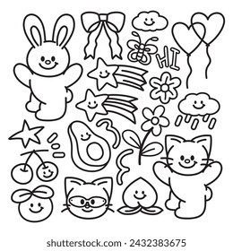 Outlines of rabbit, butterfly, cat, cherry, avocado, peach, pink ribbon, cloud, flower, shooting star, balloon for animal sticker, fruit icon, food logo, picnic, summer, pet, colouring book, cartoon