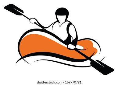 Outlines of rafting man with an orange kayak