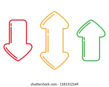 Outlines of red, green and yellow arrows up, down and double in different directions