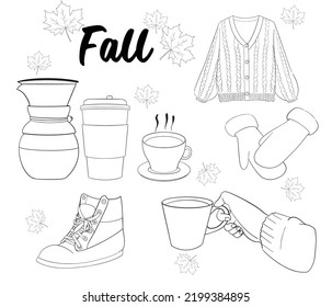 Outlines set of cute autumn  elements. Scrapbooking elements collection: Sweaters, winter gloves, coffee maker, paper cups, coffee mugs and boots. Hand drawn black and white line art doodle