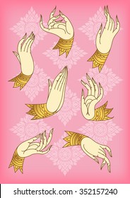Outlines set of hands on pattern background