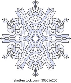 Outlines of snowflake in mono line style. Vector geometric pattern in blue tones. 