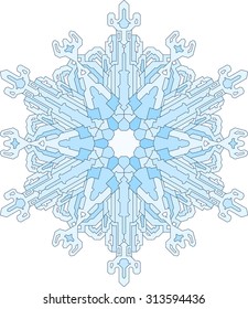 Outlines of snowflake in mono line style. Vector geometric pattern in blue tones. 