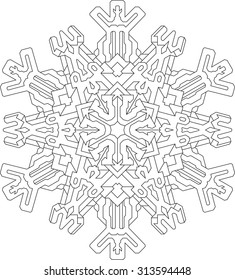 Outlines of snowflake in mono line style for coloring, coloring book. Vector geometric pattern. 