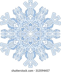 Outlines of snowflake in mono line style. Vector geometric pattern in blue tones. 