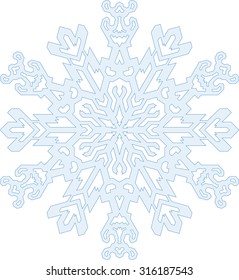 Outlines of snowflake in mono line style. Vector geometric pattern in blue tones. 